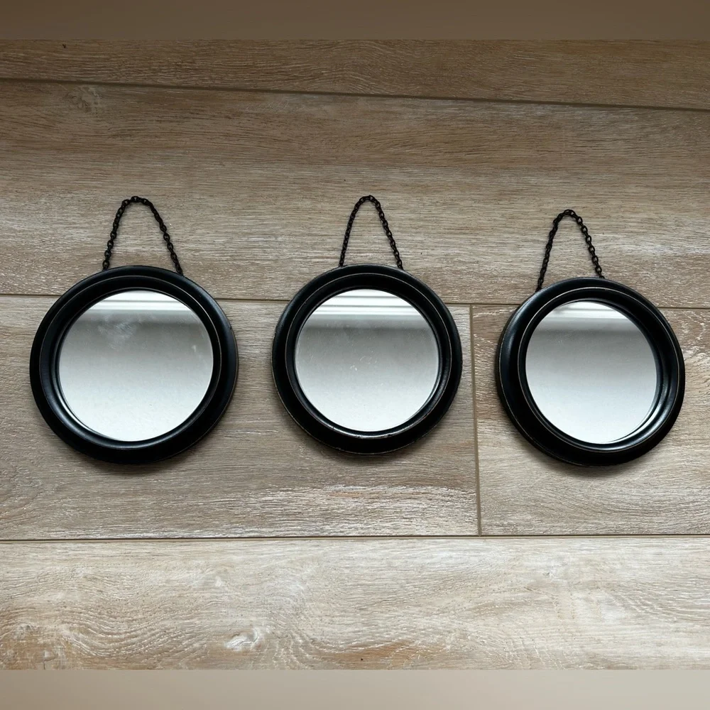 Black Wood Round Wall Mirrors - Set of 3